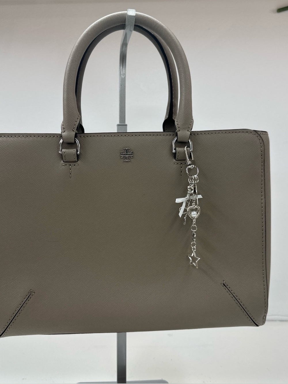 Tory Burch Olive Taupe Leather Tote with Charm